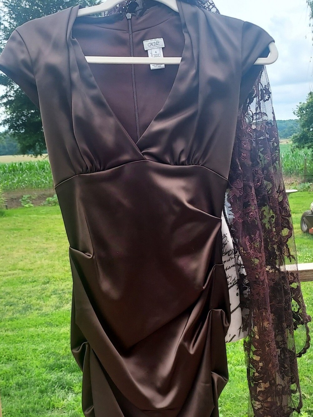 Vintage Y2K Chocolate Brown Satin V-Neck Ruched Midi Dress